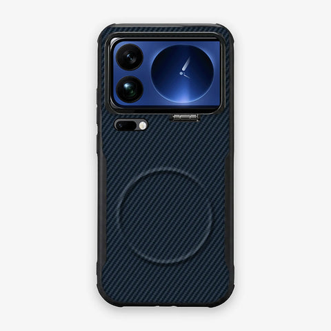 Case CamShield Carbono Xiaomi 17 Pro en Azul Real: diseño en fibra de carbono, tapa de cámara que se abre como parante, compatible con accesorios magnéticos