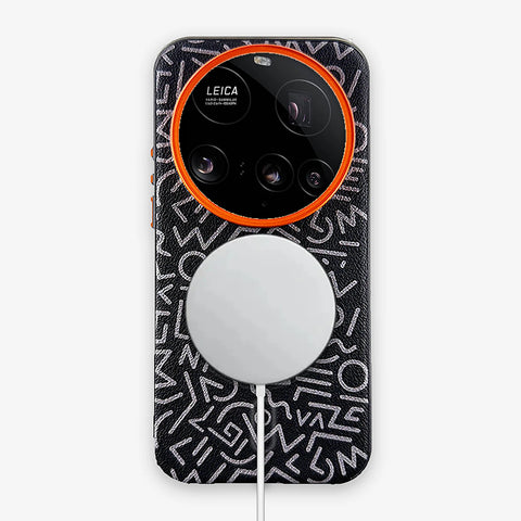 Case Core Paracas Armor Magnético Xiaomi 15 Ultra en Negro: funda con diseño garabato y aro metálico naranja en la cámara, con aro magnético