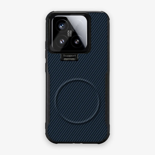 Case CamShield Carbono Xiaomi 15 en Azul Real: diseño en fibra de carbono, tapa de cámara que se abre como parante, compatible con accesorios magnéticos