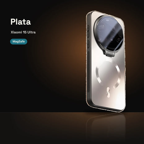 Case CamShield Aura MagSafe Xiaomi 15 Ultra Plata: acabado metalizado con bordes negros y MagSafe