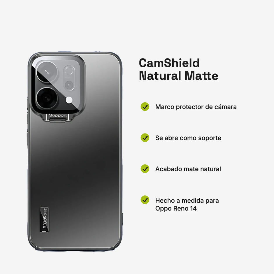 Case CamShield Natural Matte Oppo Reno 14: marco protector de cámara, soporte, acabado mate, hecho a medida para Oppo Reno 14
