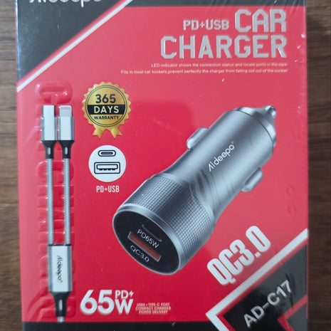 Cargador de Auto Aldeepo 65W Carga Rápida | Puerto PD Tipo C + USB QC 3.0