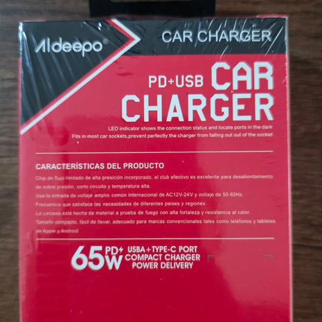 Cargador de Auto Aldeepo 65W Carga Rápida | Puerto PD Tipo C + USB QC 3.0