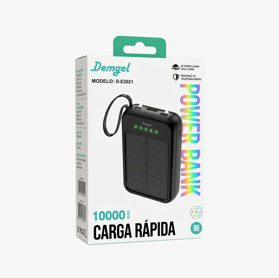 Power Bank Solar 10000mAh Demgel – Carga Rápida para Celular