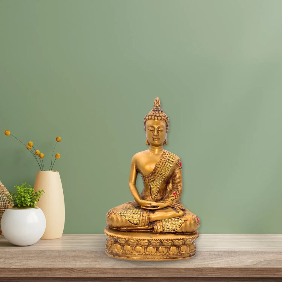 Figura de Buda Dorado con Base de Cerámica