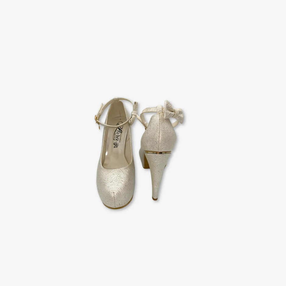 Tacones color perla con toques de escarche con correa y lazo para Mujer