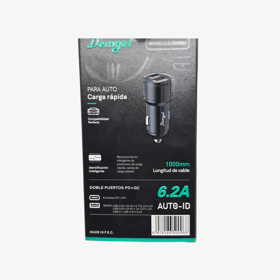 Cargador  para Auto o Mototaxi Doble Puerto Carga Rápida 6.2A y Cable 1m | DEMGEL
