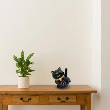 Gato Lucky de la suerte para decoración color negro con toques dorados