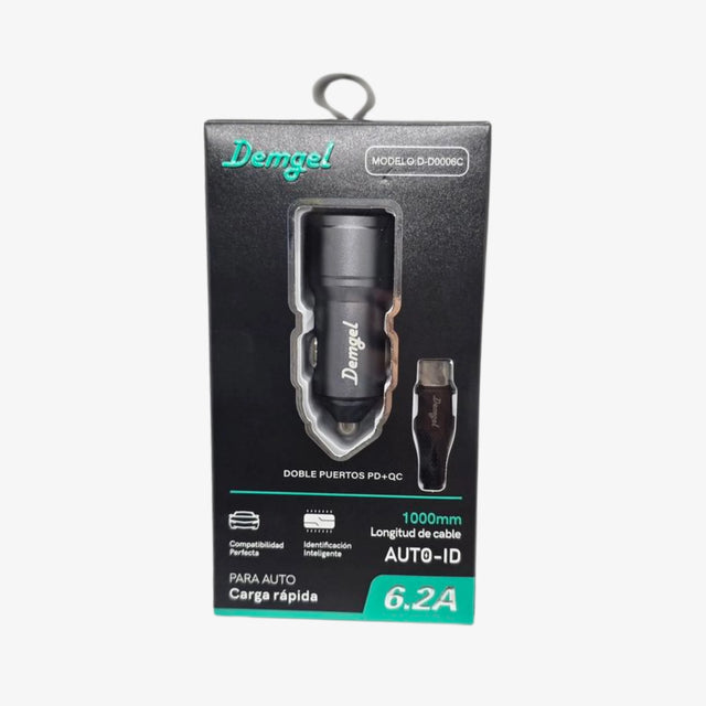 Cargador para Auto o Mototaxi Doble Puerto Carga Rápida 6.2A y Cable 1m