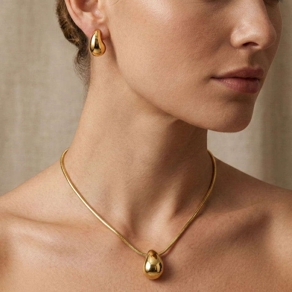 Set de Collar y Aretes Gota Minimalista Estilo Chunky