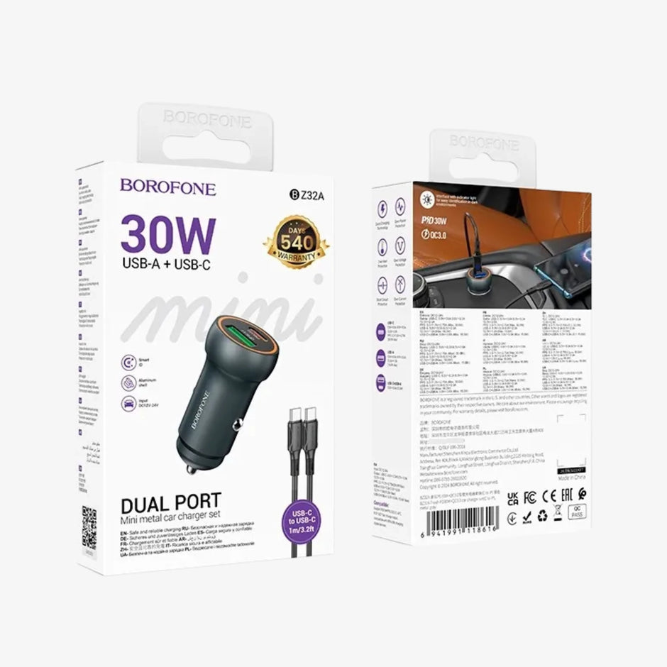 Cargador de Auto y Mototaxi Borofone 30W Dual Metálico + Cable Tipo C