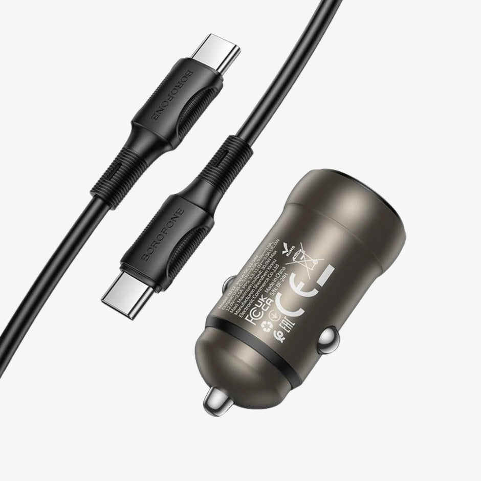 Cargador de Auto y Mototaxi Borofone 30W Dual Metálico + Cable Tipo C