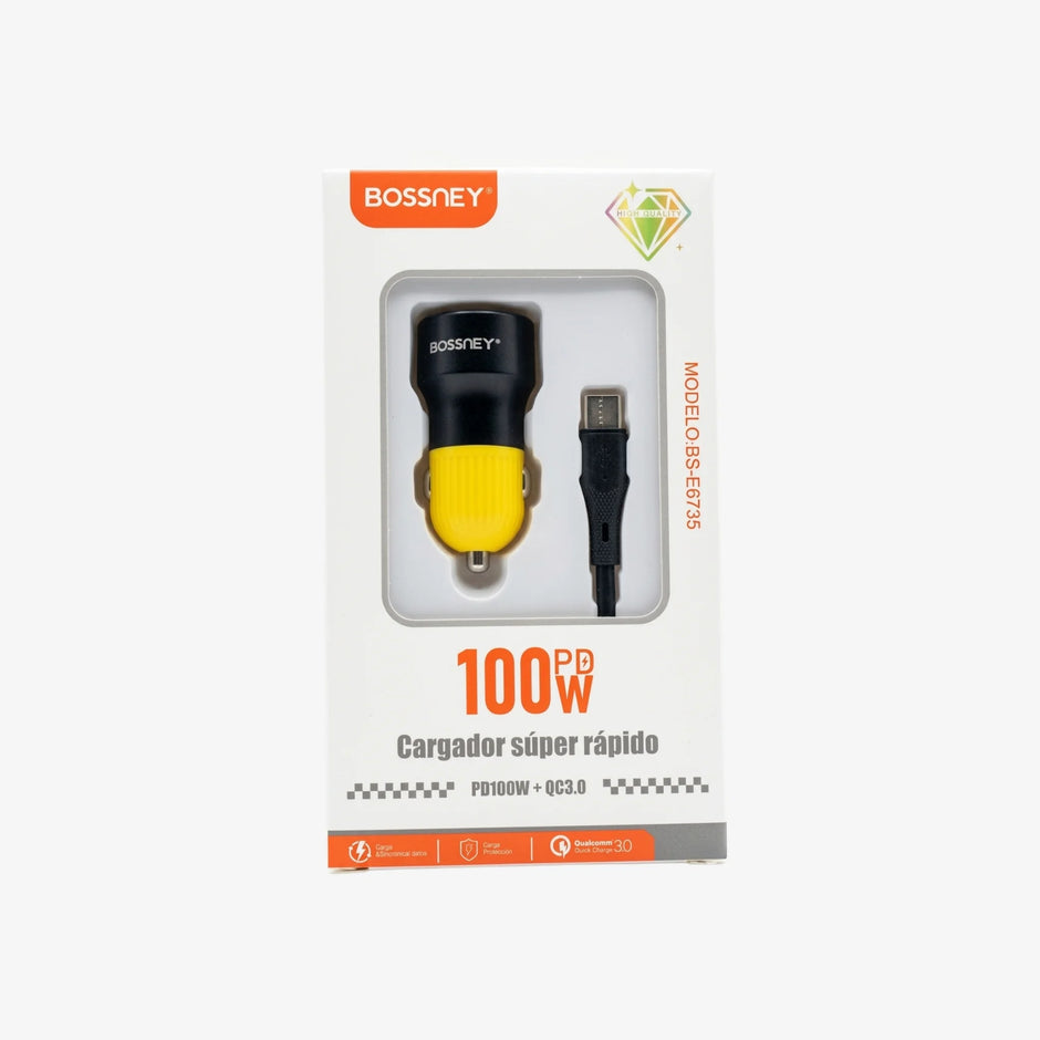 Cargador de Auto Carga Rápida 100W USB-C PD Tipo C y QC 3.0 | BOSSNEY