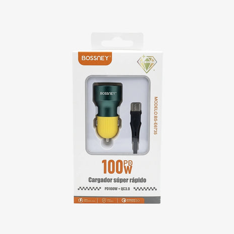 Cargador de Auto Carga Rápida 100W USB-C PD Tipo C y QC 3.0 | BOSSNEY