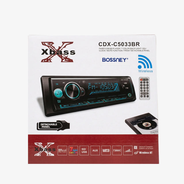 Autoradio BOSSNEY Bluetooth Xbass y Control para Auto y Mototaxi (Panel Desmontable) ( RGB Luces 7 colores)