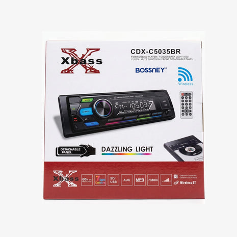 Autorradio BOSSNEY Bluetooth Xbass y Control para Auto y Mototaxi (Panel Desmontable) ( RGB Luces 7 colores)