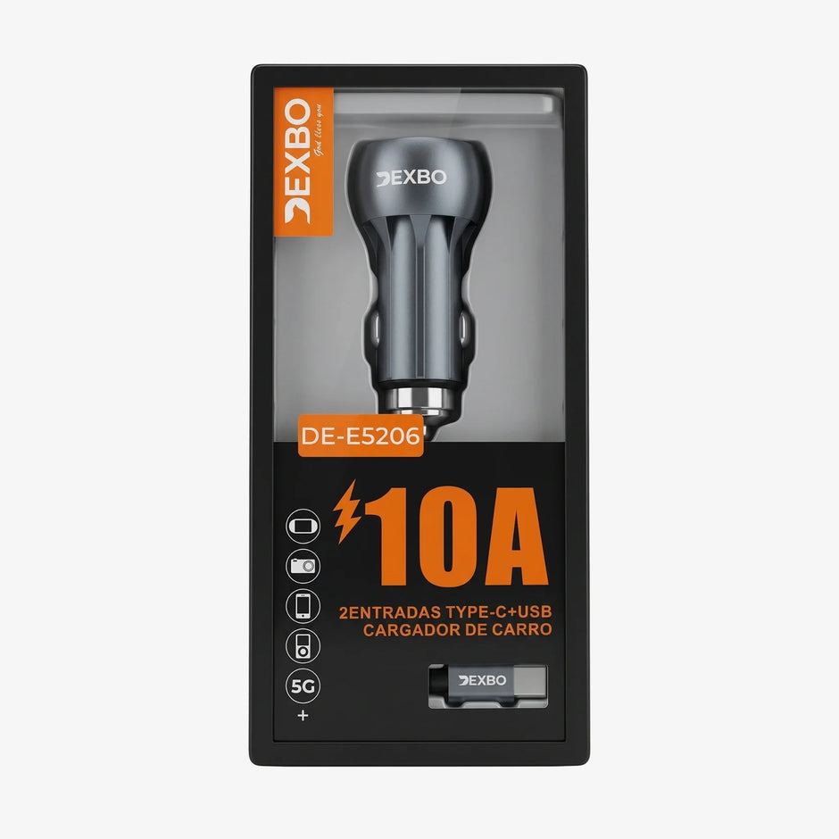 Cigarrera de Auto y Mototaxi DEXBO 10A | Tipo-C + USB con Cable 1.2M