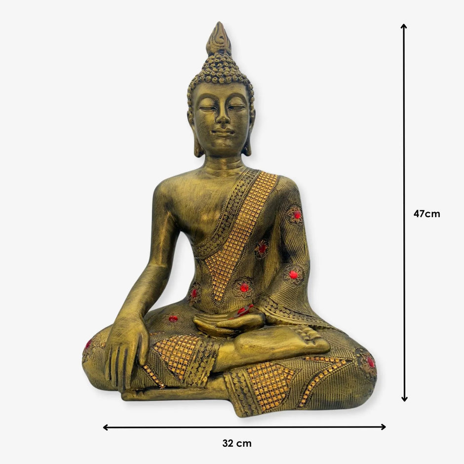 Estatua Decorativa de Buda en Meditación con Detalles Dorados y Rojos