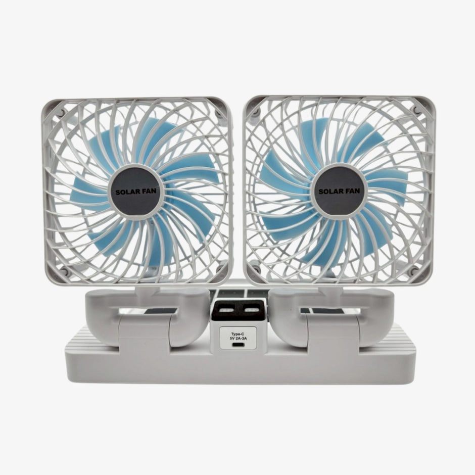 Ventilador Solar Recargable de Doble Cabezal para Auto y Mototaxi