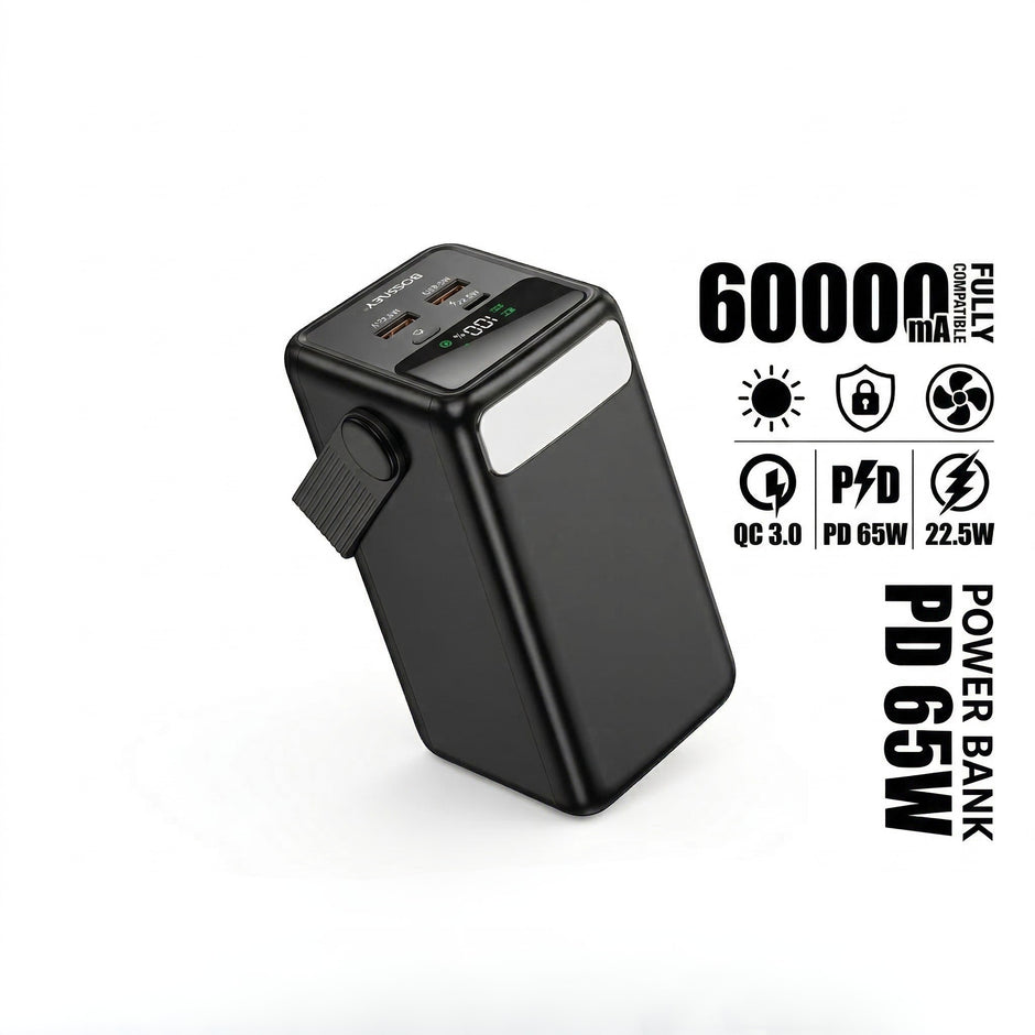 Power Bank Gigante Bossney 60,000mAh con Lampara LED - 65W para Laptop