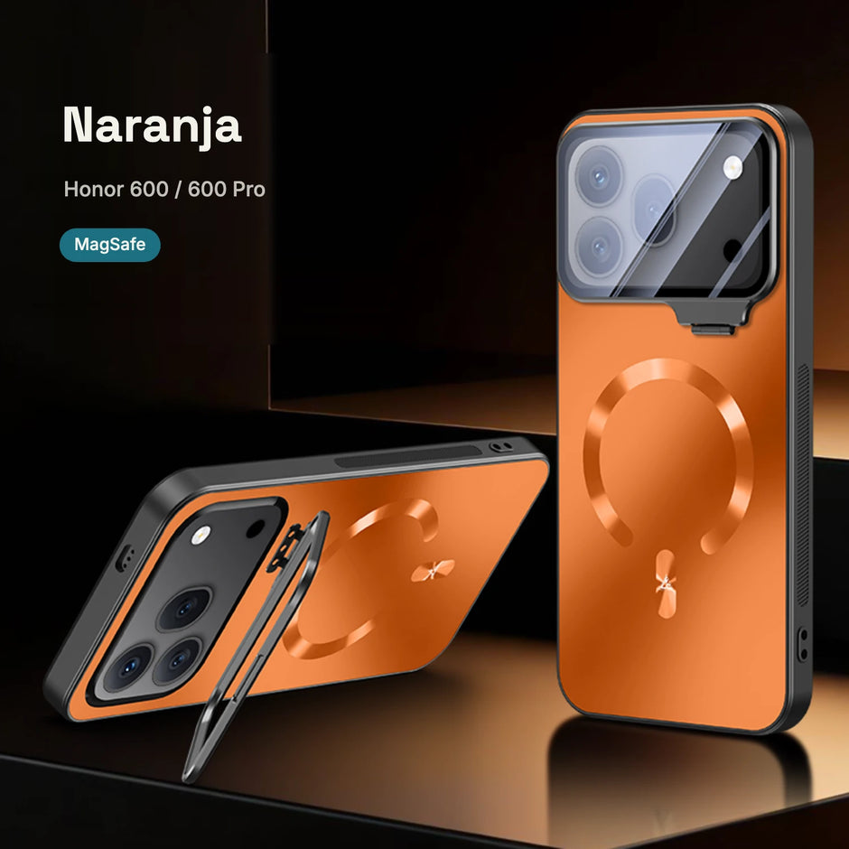 CamShield Aura Naranja con la tapa de cámara abierta como soporte, Honor 600 / 600 Pro