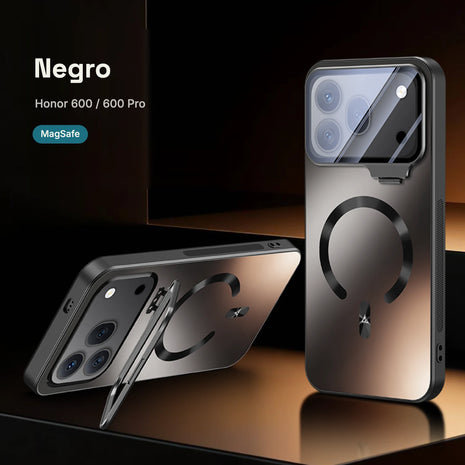 CamShield Aura Negro con la tapa de cámara abierta como soporte, Honor 600 / 600 Pro