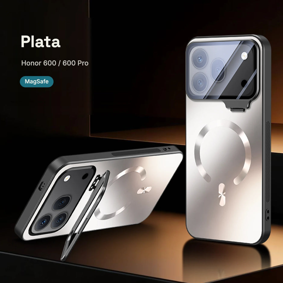 CamShield Aura Plata con la tapa de cámara abierta como soporte, Honor 600 / 600 Pro