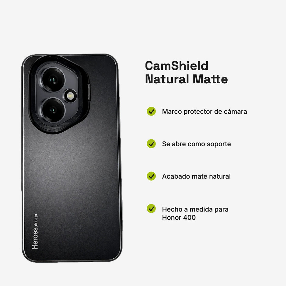 CamShield Natural Matte Honor 400: marco protector de cámara, soporte y acabado mate
