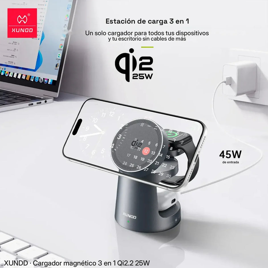 Cargador Inalámbrico Magnético 3 en 1 Xundd Qi2.2 25W