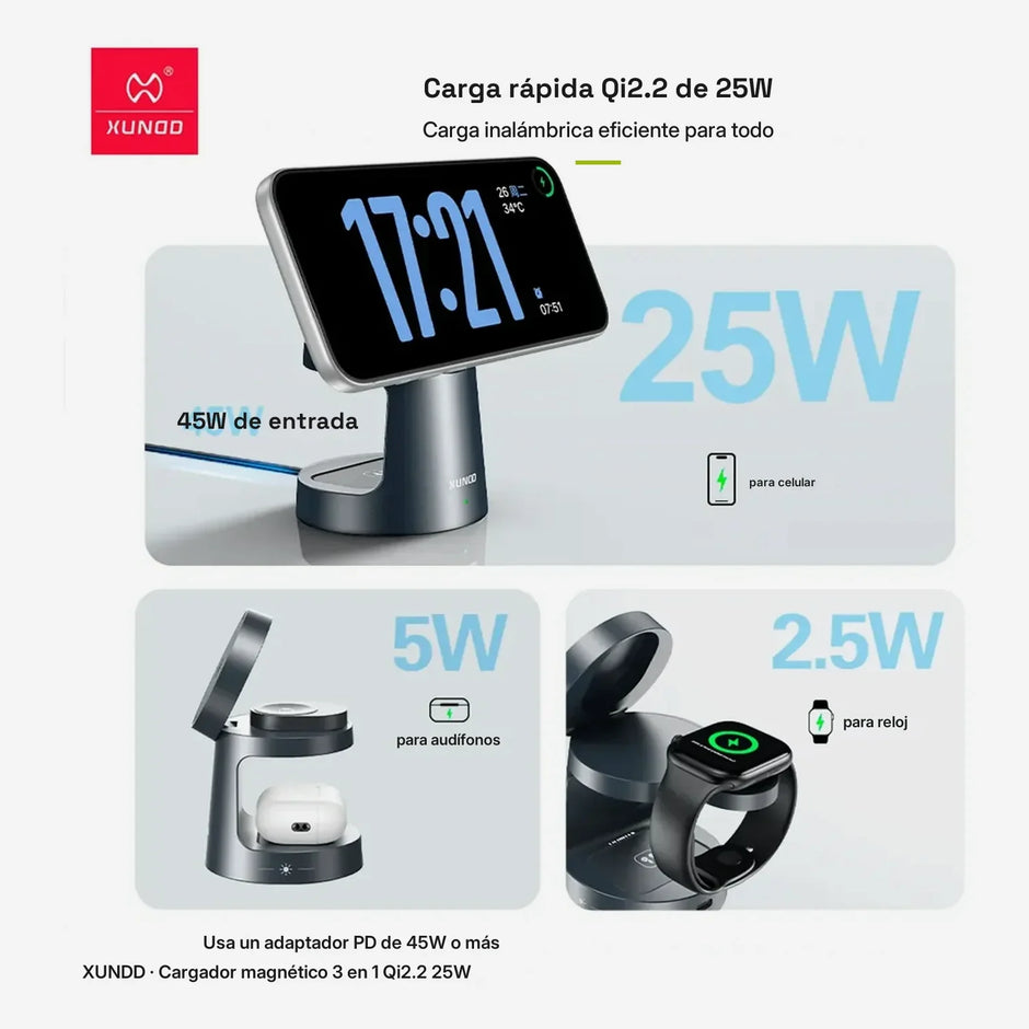 Cargador Inalámbrico Magnético 3 en 1 Xundd Qi2.2 25W