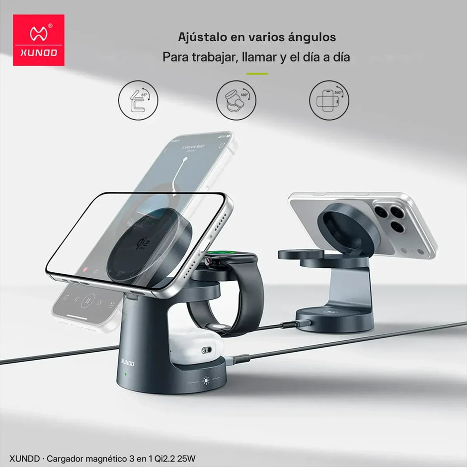 Cargador Inalámbrico Magnético 3 en 1 Xundd Qi2.2 25W