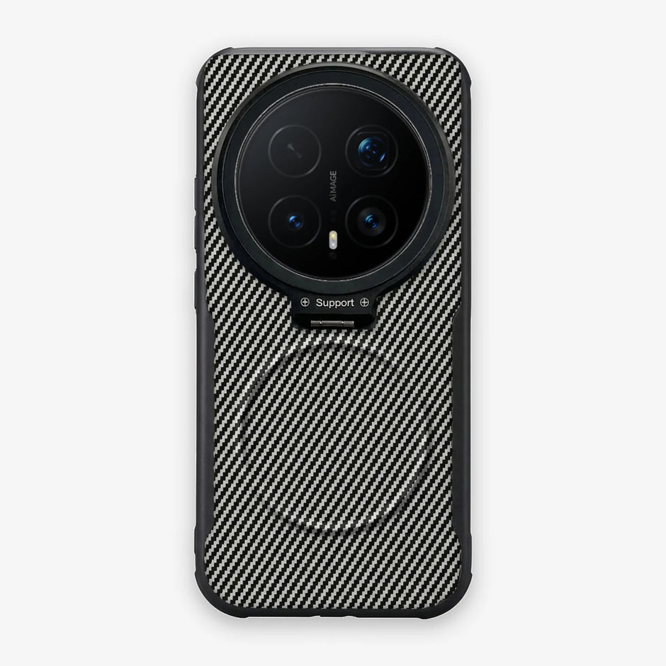 Case CamShield Carbono Honor Magic 8 Pro en Gris Plateado: diseño en fibra de carbono, tapa de cámara que se abre como parante, compatible con accesorios magnéticos