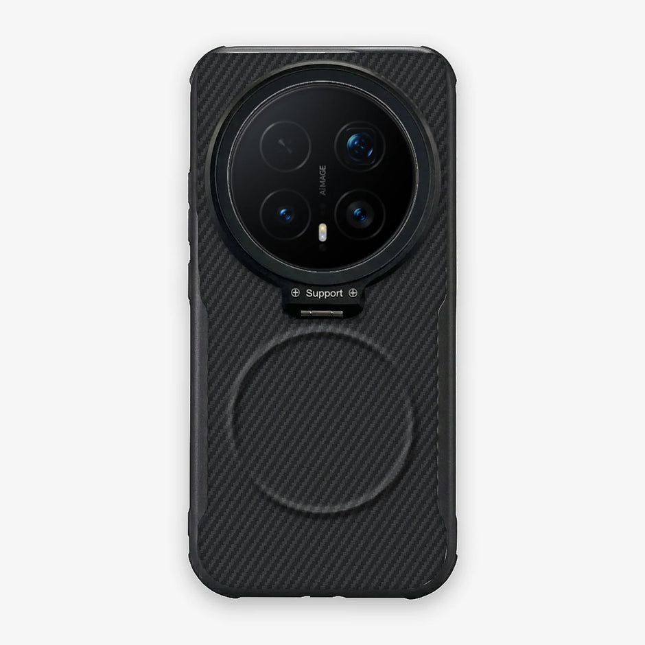 Case CamShield Carbono Honor Magic 8 Pro en Negro Grafito: diseño en fibra de carbono, tapa de cámara que se abre como parante, compatible con accesorios magnéticos