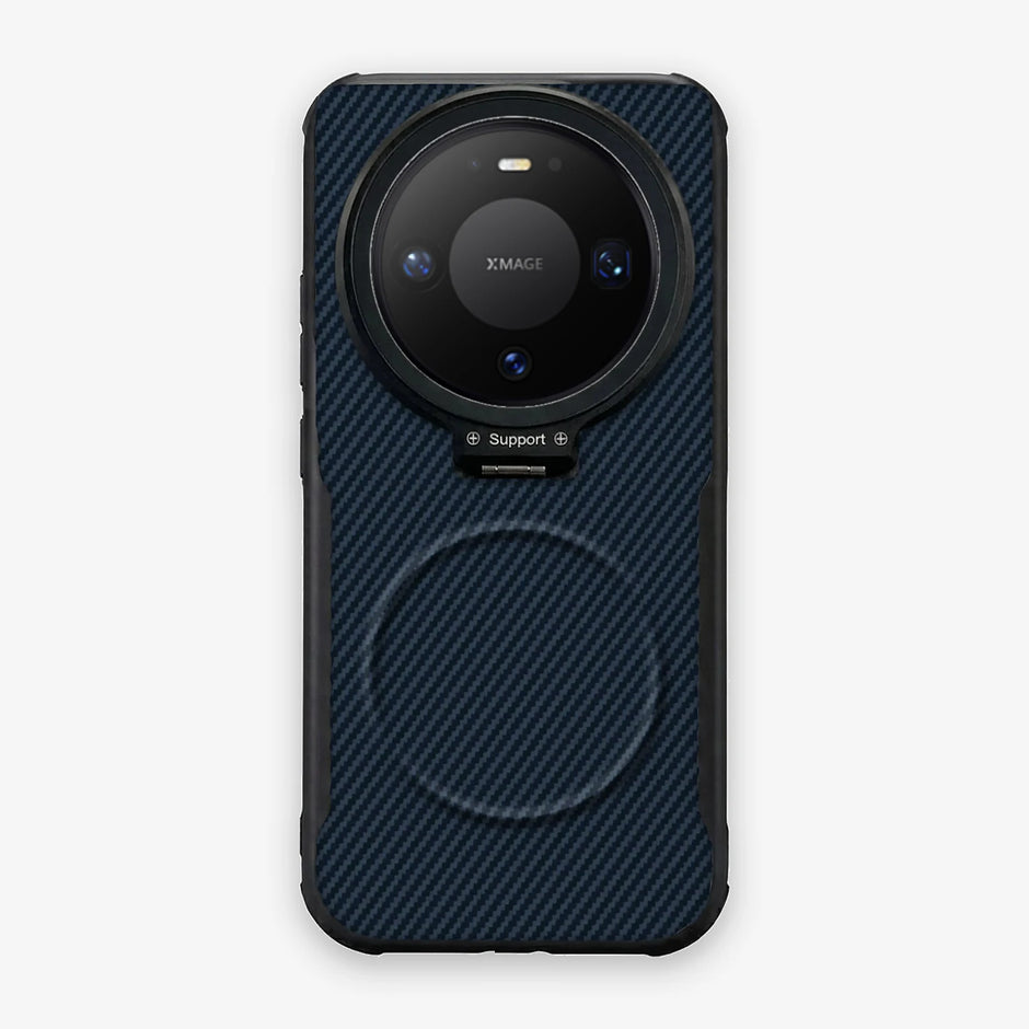 Case CamShield Carbono Huawei Mate 80 Pro en Azul Real: diseño en fibra de carbono, tapa de cámara que se abre como parante, compatible con accesorios magnéticos