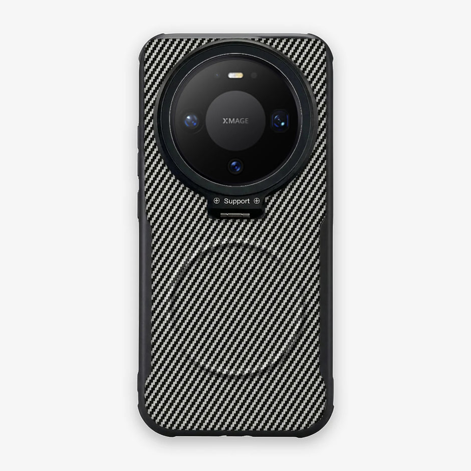 Case CamShield Carbono Huawei Mate 80 Pro en Gris Plateado: diseño en fibra de carbono, tapa de cámara que se abre como parante, compatible con accesorios magnéticos