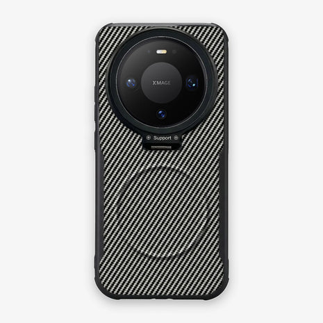 Case CamShield Carbono Huawei Mate 80 Pro en Gris Plateado: diseño en fibra de carbono, tapa de cámara que se abre como parante, compatible con accesorios magnéticos