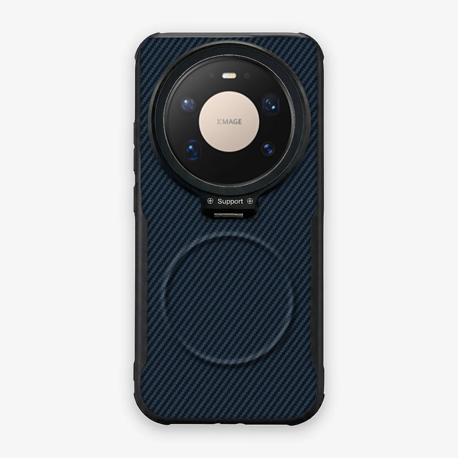 Case CamShield Carbono Huawei Mate 80 Pro Max en Azul Real: diseño en fibra de carbono, tapa de cámara que se abre como parante, compatible con accesorios magnéticos