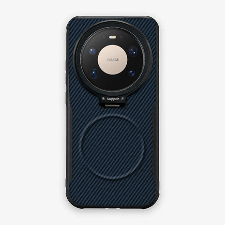 Case CamShield Carbono Huawei Mate 80 Pro Max en Azul Real: diseño en fibra de carbono, tapa de cámara que se abre como parante, compatible con accesorios magnéticos