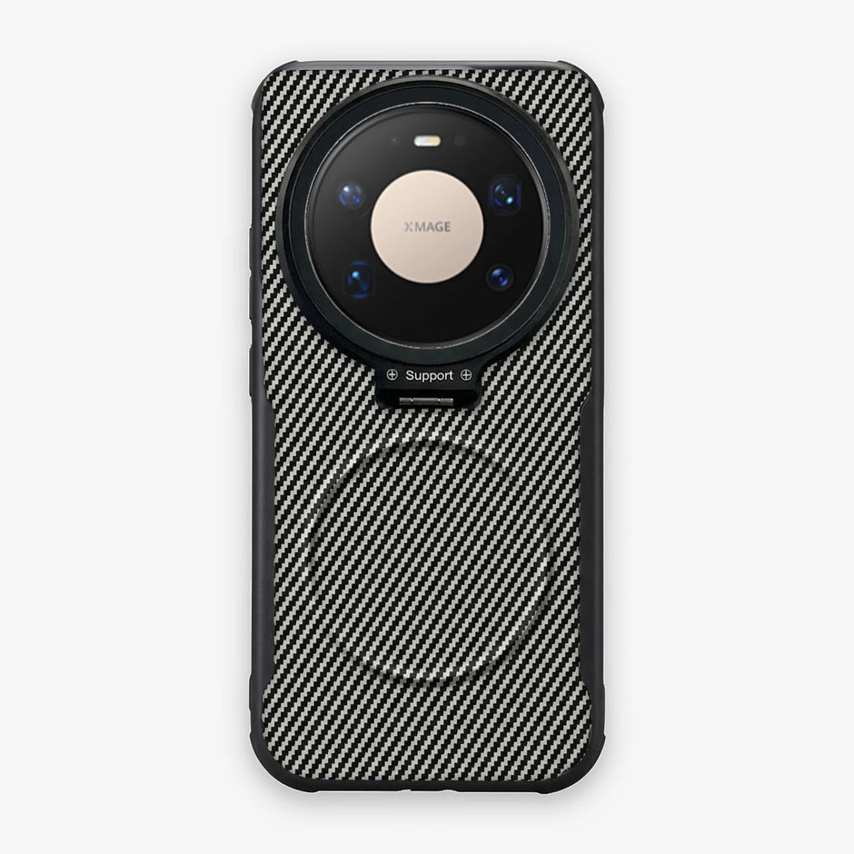 Case CamShield Carbono Huawei Mate 80 Pro Max en Gris Plateado: diseño en fibra de carbono, tapa de cámara que se abre como parante, compatible con accesorios magnéticos