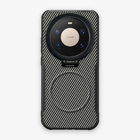 Case CamShield Carbono Huawei Mate 80 Pro Max en Gris Plateado: diseño en fibra de carbono, tapa de cámara que se abre como parante, compatible con accesorios magnéticos
