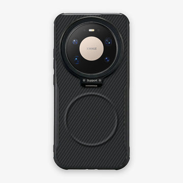 Case CamShield Carbono Huawei Mate 80 Pro Max en Negro Grafito: diseño en fibra de carbono, tapa de cámara que se abre como parante, compatible con accesorios magnéticos