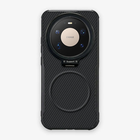 Case CamShield Carbono Huawei Mate 80 Pro Max en Negro Grafito: diseño en fibra de carbono, tapa de cámara que se abre como parante, compatible con accesorios magnéticos