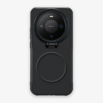 Case CamShield Carbono Huawei Mate 80 Pro en Negro Grafito: diseño en fibra de carbono, tapa de cámara que se abre como parante, compatible con accesorios magnéticos