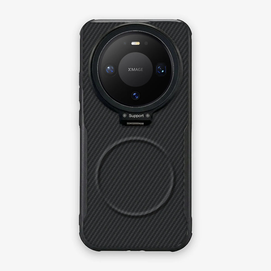 Case CamShield Carbono Huawei Mate 80 Pro en Negro Grafito: diseño en fibra de carbono, tapa de cámara que se abre como parante, compatible con accesorios magnéticos
