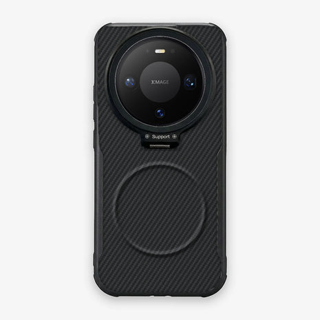 Case CamShield Carbono Huawei Mate 80 Pro en Negro Grafito: diseño en fibra de carbono, tapa de cámara que se abre como parante, compatible con accesorios magnéticos