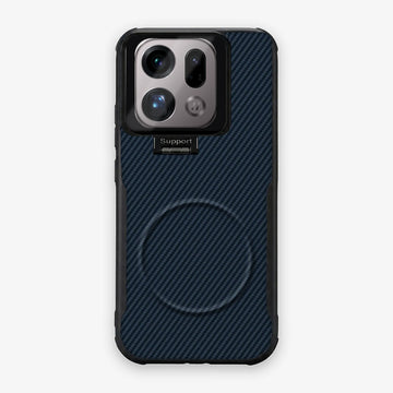 Case CamShield Carbono Oppo Find X9 Pro en Azul Real: diseño en fibra de carbono, tapa de cámara que se abre como parante, compatible con accesorios magnéticos