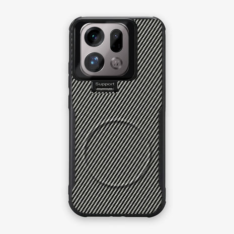 Case CamShield Carbono Oppo Find X9 Pro en Gris Plateado: diseño en fibra de carbono, tapa de cámara que se abre como parante, compatible con accesorios magnéticos