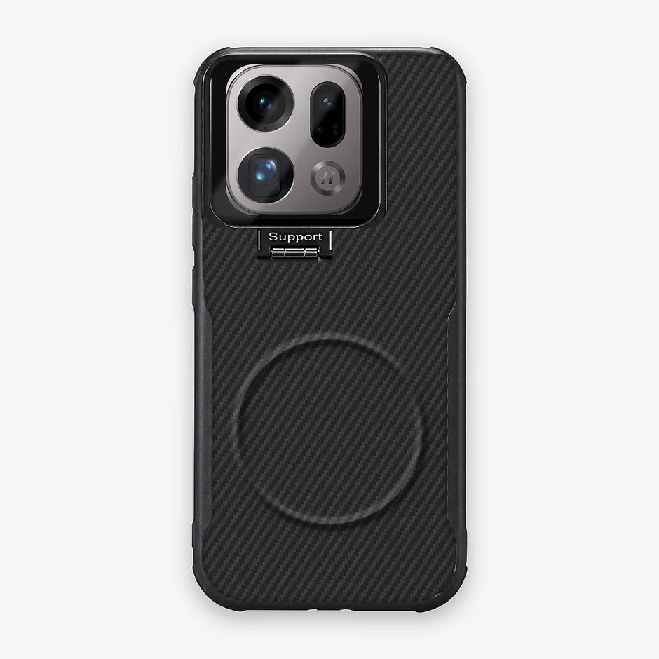 Case CamShield Carbono Oppo Find X9 Pro en Negro Grafito: diseño en fibra de carbono, tapa de cámara que se abre como parante, compatible con accesorios magnéticos