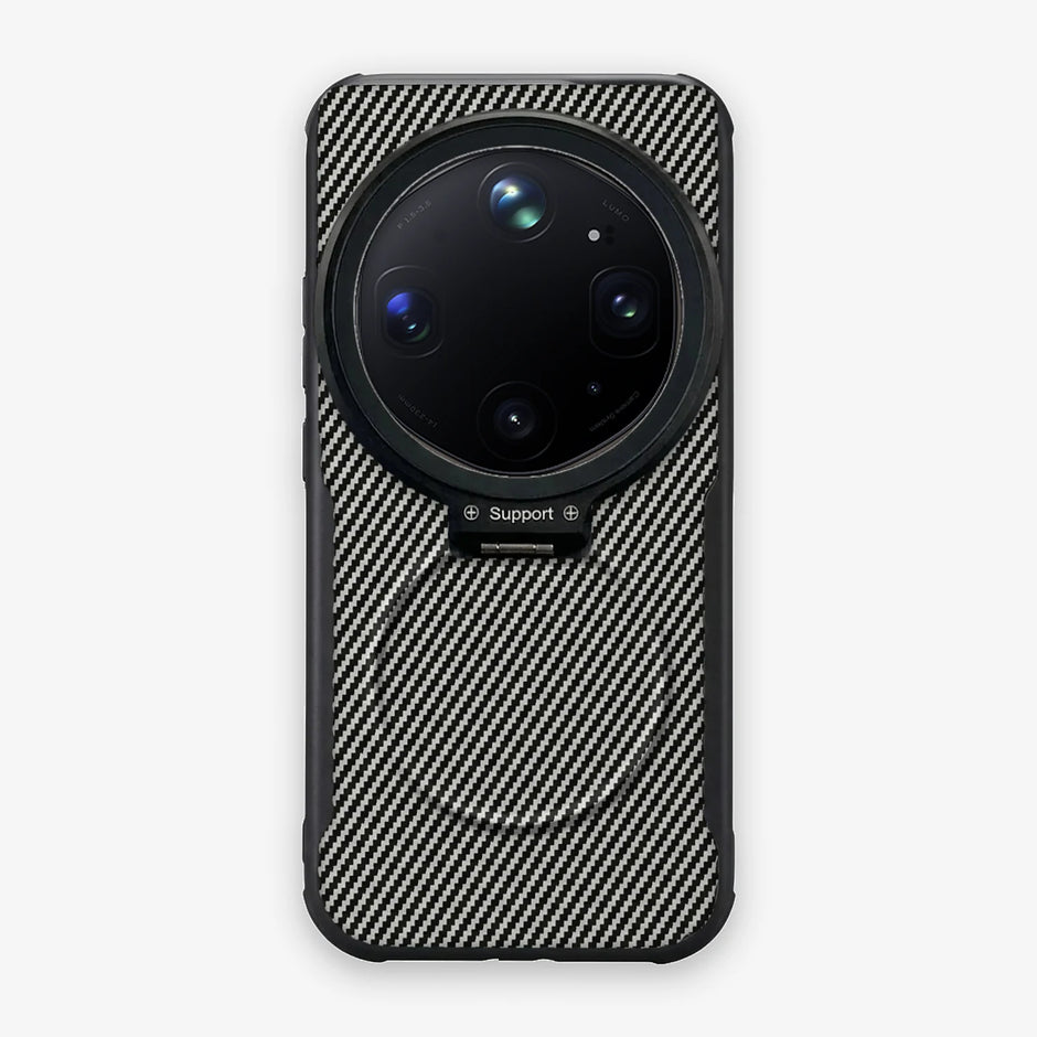 Case CamShield Carbono Oppo Find X9 Ultra en Gris Plateado: diseño en fibra de carbono, tapa de cámara que se abre como parante, compatible con accesorios magnéticos