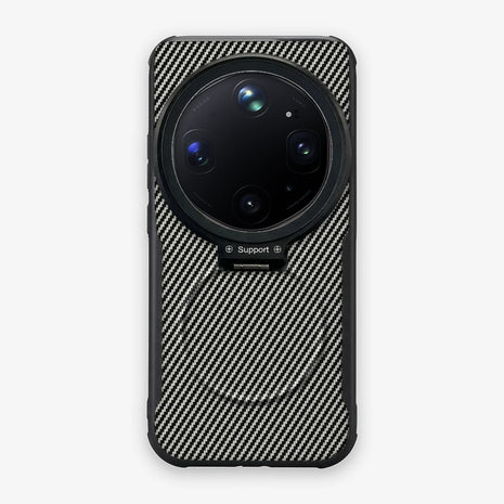 Case CamShield Carbono Oppo Find X9 Ultra en Gris Plateado: diseño en fibra de carbono, tapa de cámara que se abre como parante, compatible con accesorios magnéticos